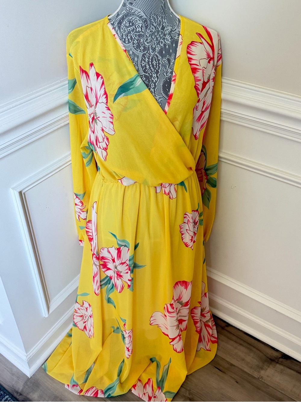 Boutique Womens Yellow Floral Long Sleeve Maxi Dress Size 2XL
